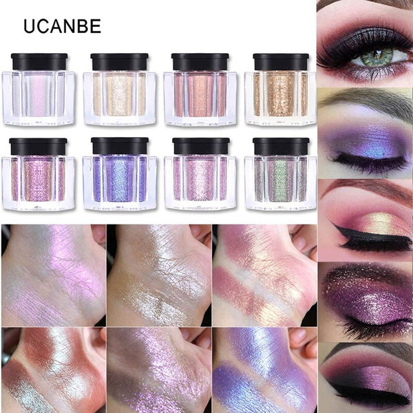 Marca UCANBE, sombra de ojos suelta, pigmento de maquillaje en polvo, sombra de ojos impermeable brillante, sombra de ojos en 3D, cosméticos en polvo de ojos metálicos desnudos