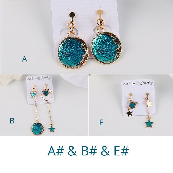 Korea Style Asymmetrical Fresh Enamel blue Star Moon Planet Circle Clip on Earrings Non Pierced For Girl Women Party Gift